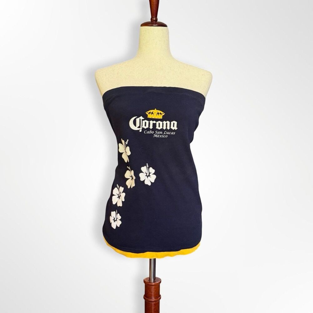 Y2K Corona Beer Logo Navy Blue Hibiscus Tube Top, L Summer Vacation